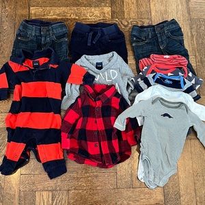 3-6 month bundle includes 2 pairs of gap jeans, navy corduroy pants, and tops